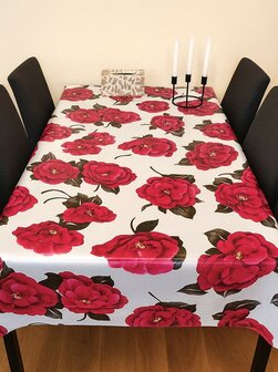 Mexicaans tafelzeil roze rosas op wit