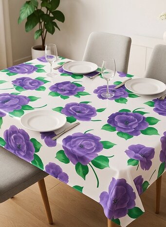 Mexicaans tafelzeil paarse rosas op wit