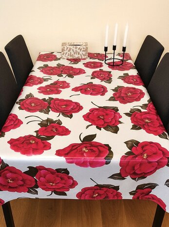 Mexicaans tafelzeil roze rosas op wit